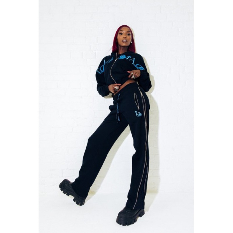 Black / Turquoise Women's Trapstar Script Zip Leg Jogging Bottoms Pants Australia | KQ21-001