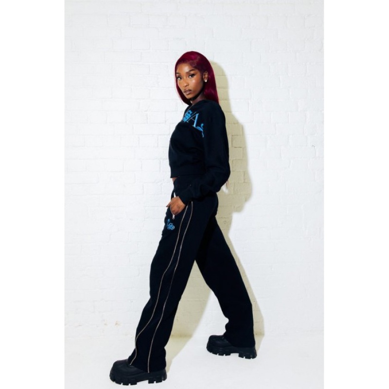 Black / Turquoise Women's Trapstar Script Zip Leg Jogging Bottoms Pants Australia | KQ21-001