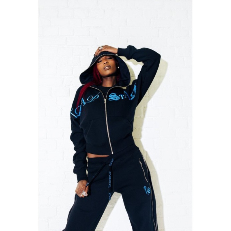 Black / Turquoise Women's Trapstar Script Zip Leg Jogging Bottoms Pants Australia | KQ21-001