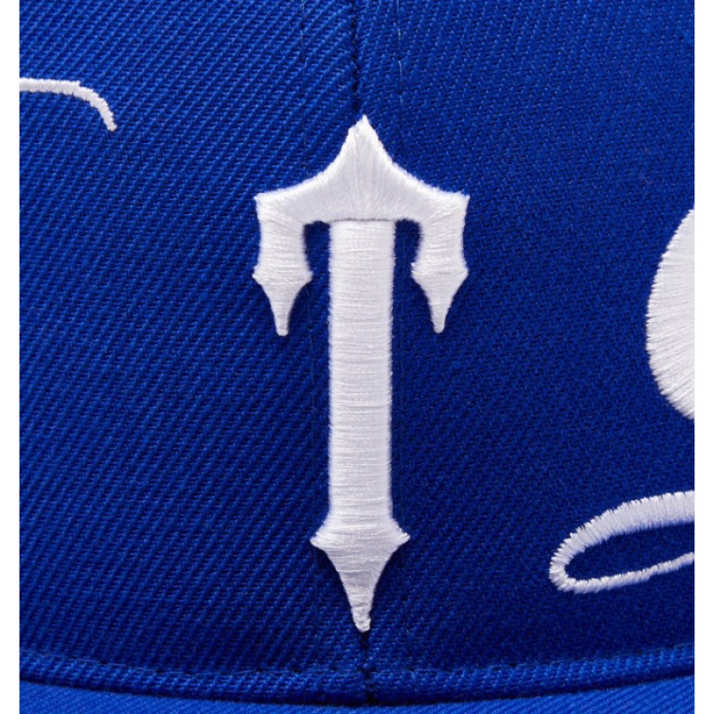 Blue / White Men's Trapstar Script Fitted Hats Australia | QT53-627